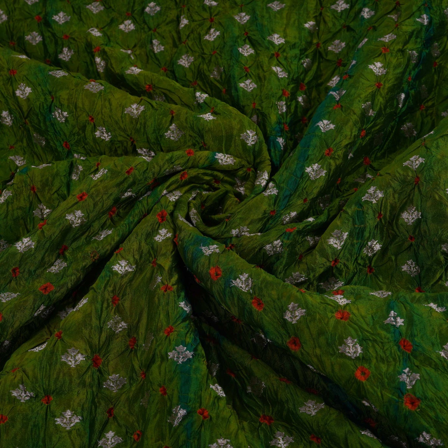 Green Shibori Bandhani Dupion Silk Fabric YHF-32844