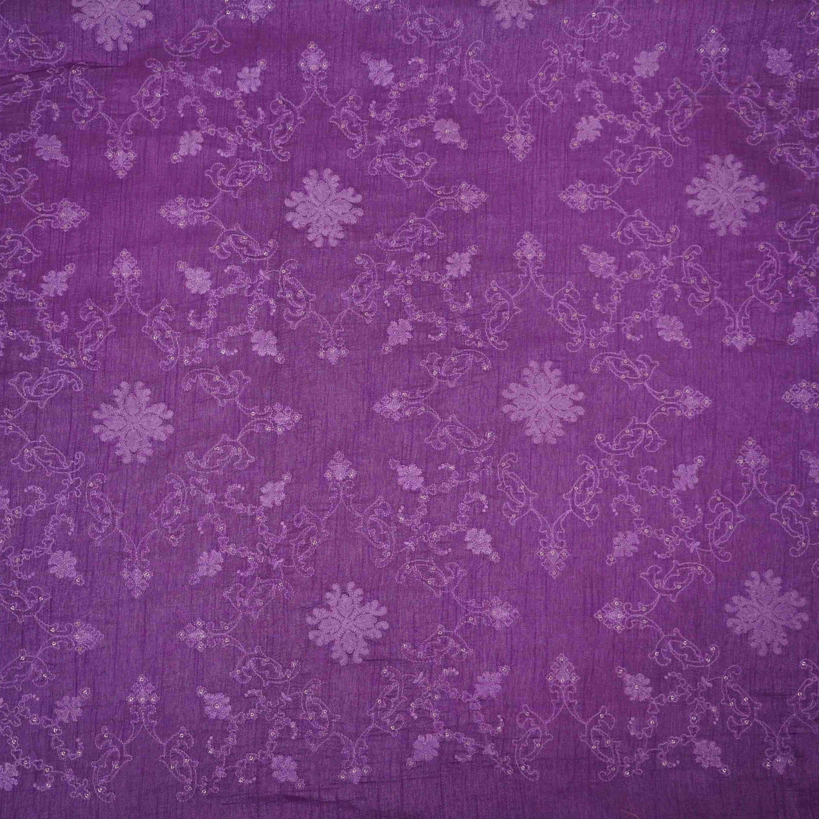 Lilac floral Jaal embroidery Raw Silk Fabric VFS-31668 - TradeUNO