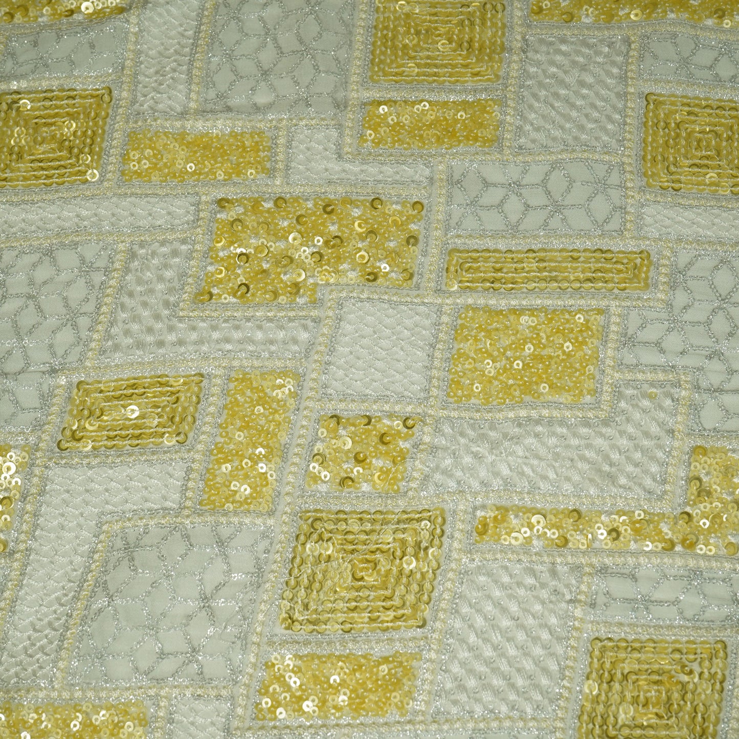 White & Yellow Traditional Sequence Thread Embroidery Georgette Fabric