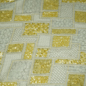 White & Yellow Traditional Sequence Thread Embroidery Georgette Fabric