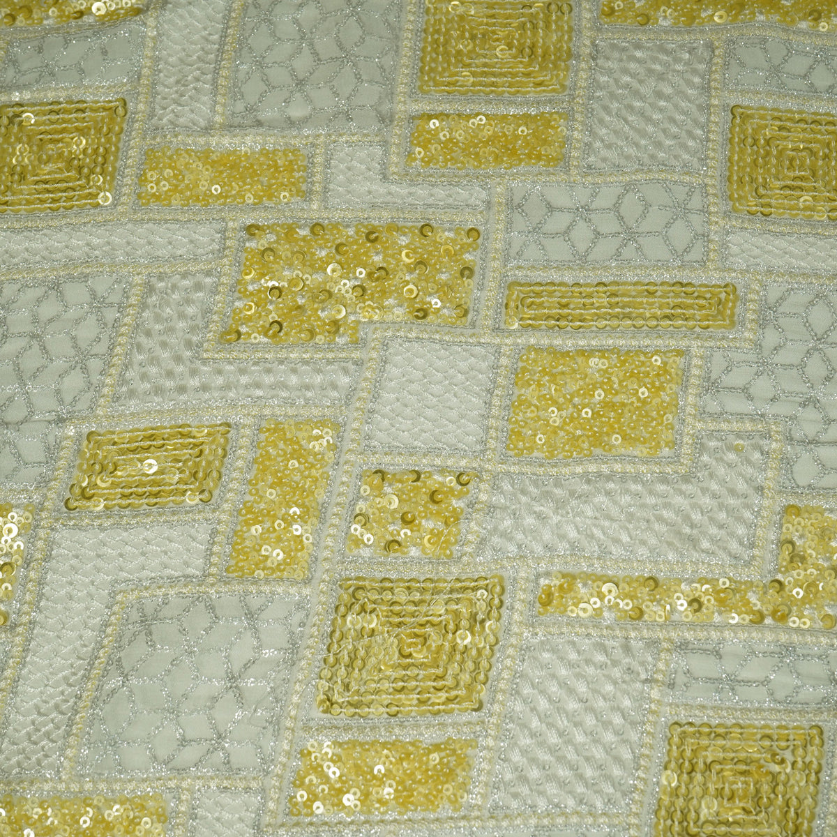 White & Yellow Traditional Sequence Thread Embroidery Georgette Fabric