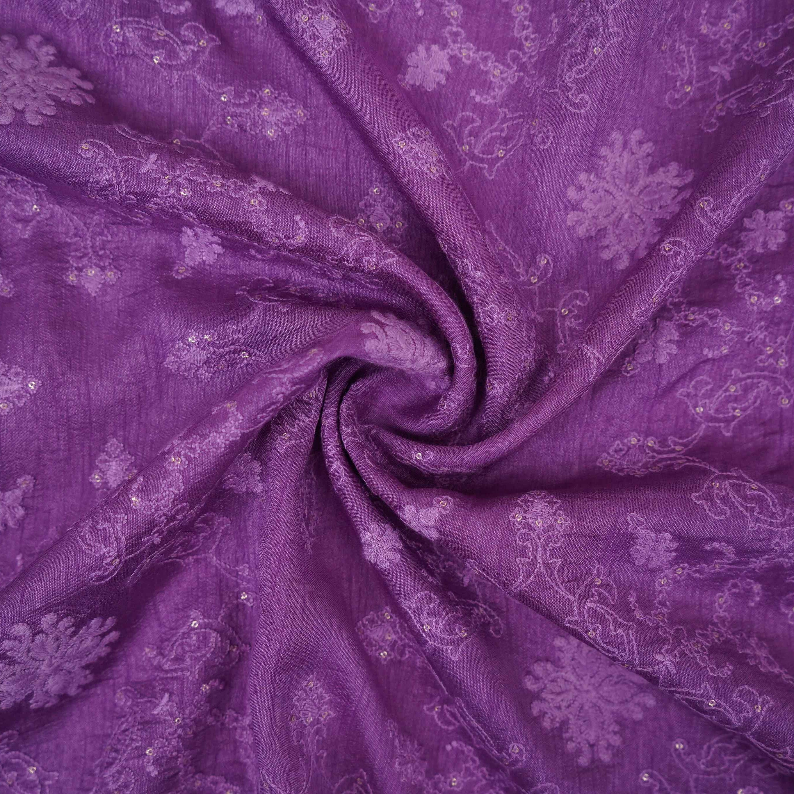 Lilac floral Jaal embroidery Raw Silk Fabric VFS-31668 - TradeUNO