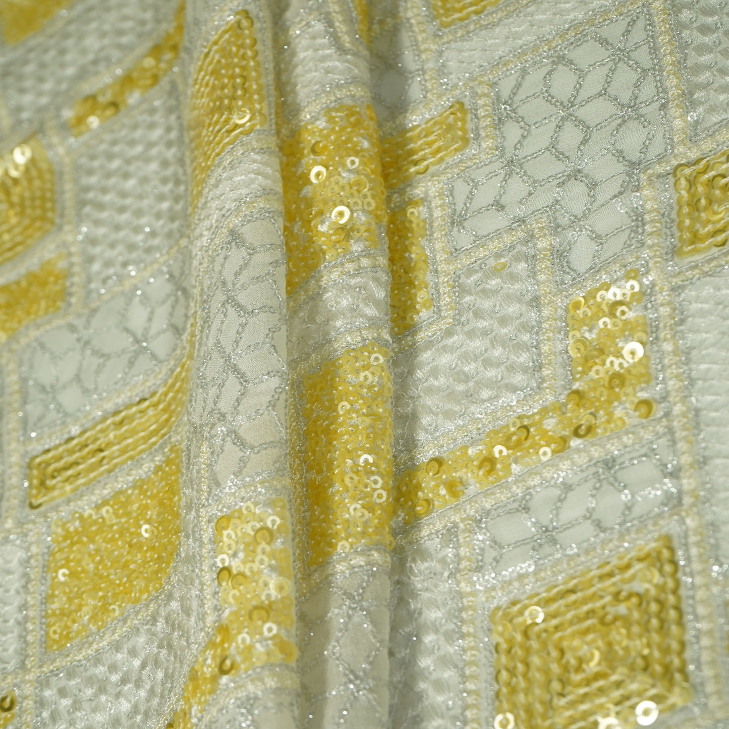 White & Yellow Traditional Sequence Thread Embroidery Georgette Fabric