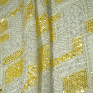 White & Yellow Traditional Sequence Thread Embroidery Georgette Fabric