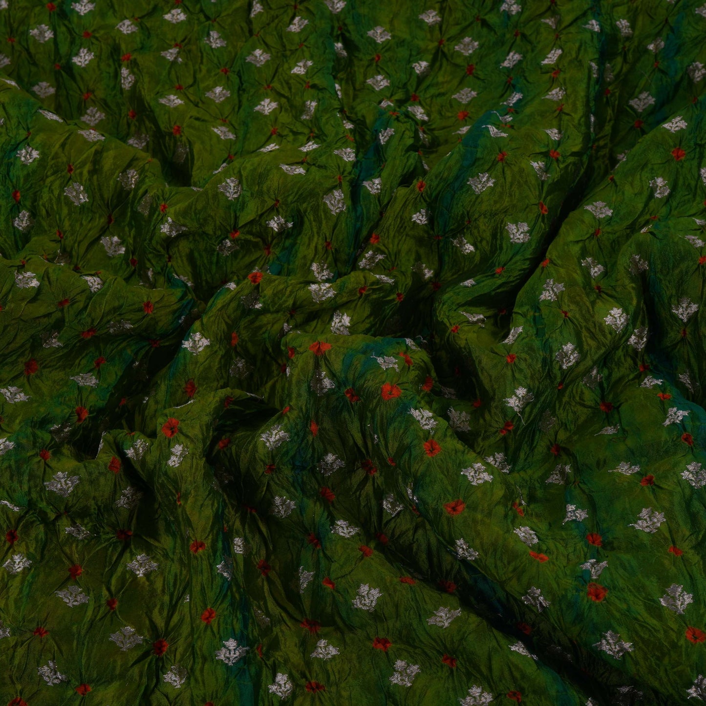 Green Shibori Bandhani Dupion Silk Fabric YHF-32844