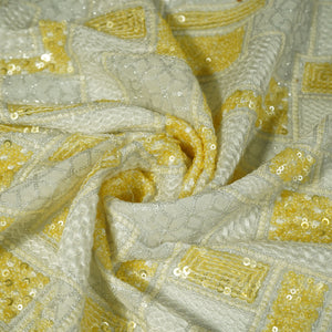 White & Yellow Traditional Sequence Thread Embroidery Georgette Fabric