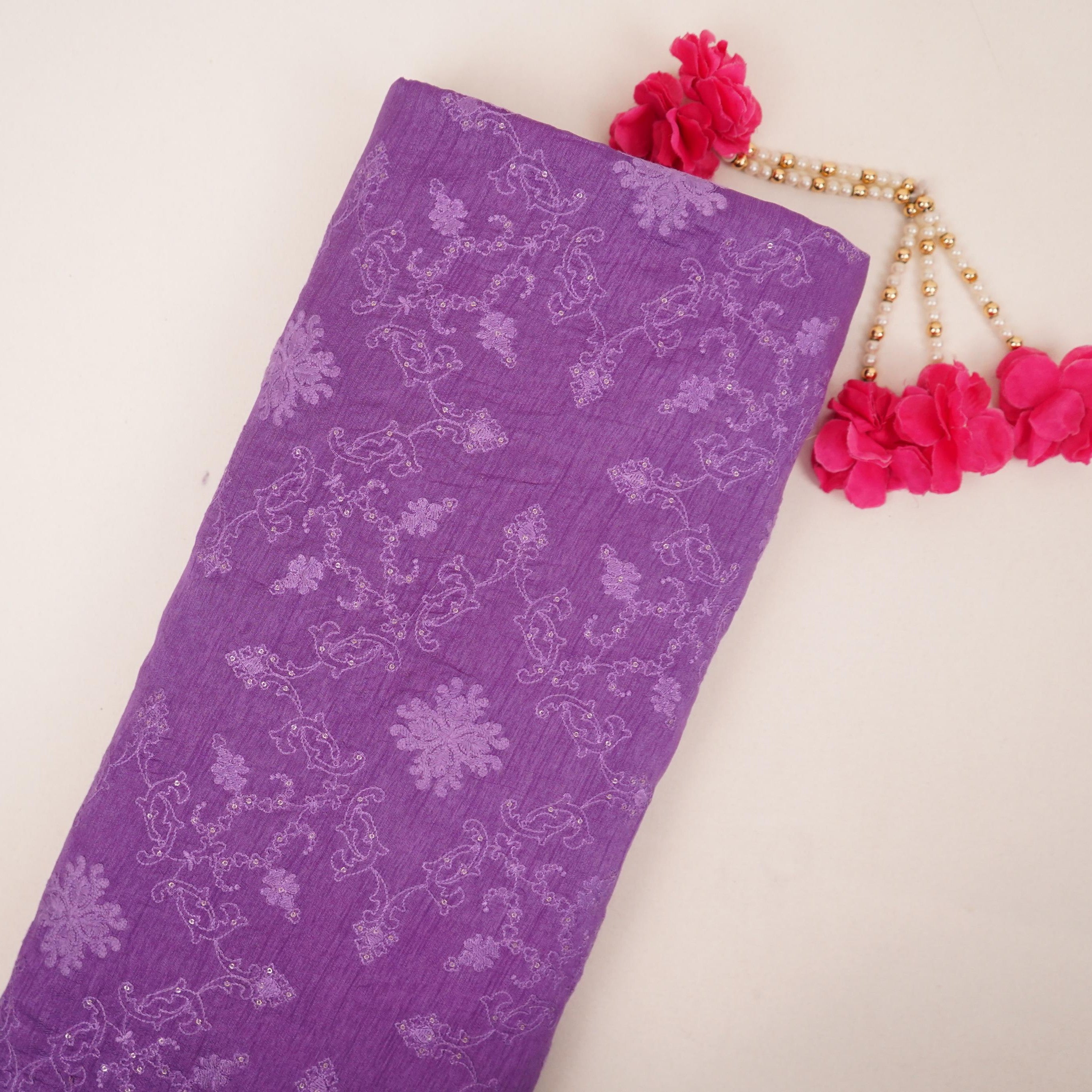 Lilac floral Jaal embroidery Raw Silk Fabric VFS-31668 - TradeUNO