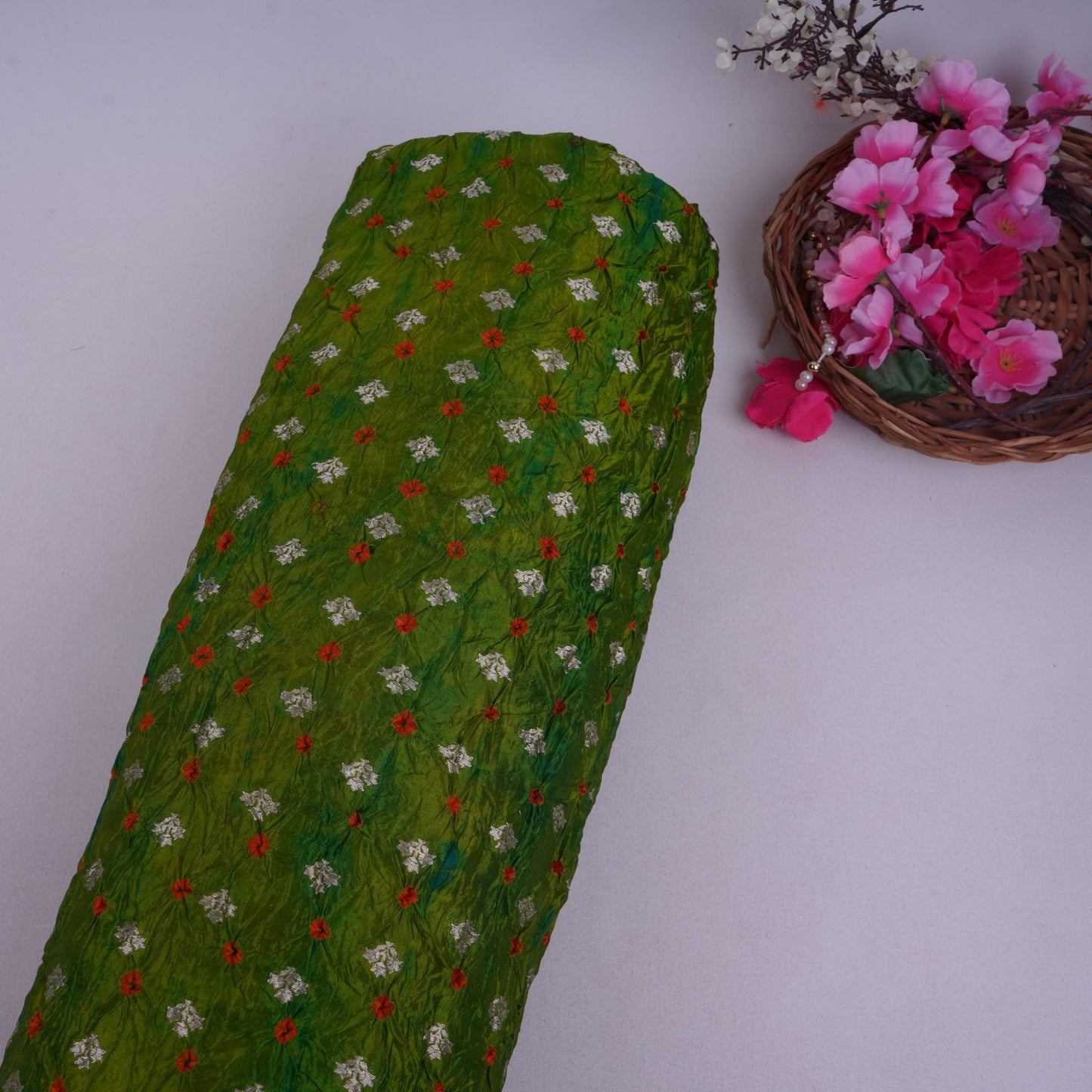 Green Shibori Bandhani Dupion Silk Fabric YHF-32844