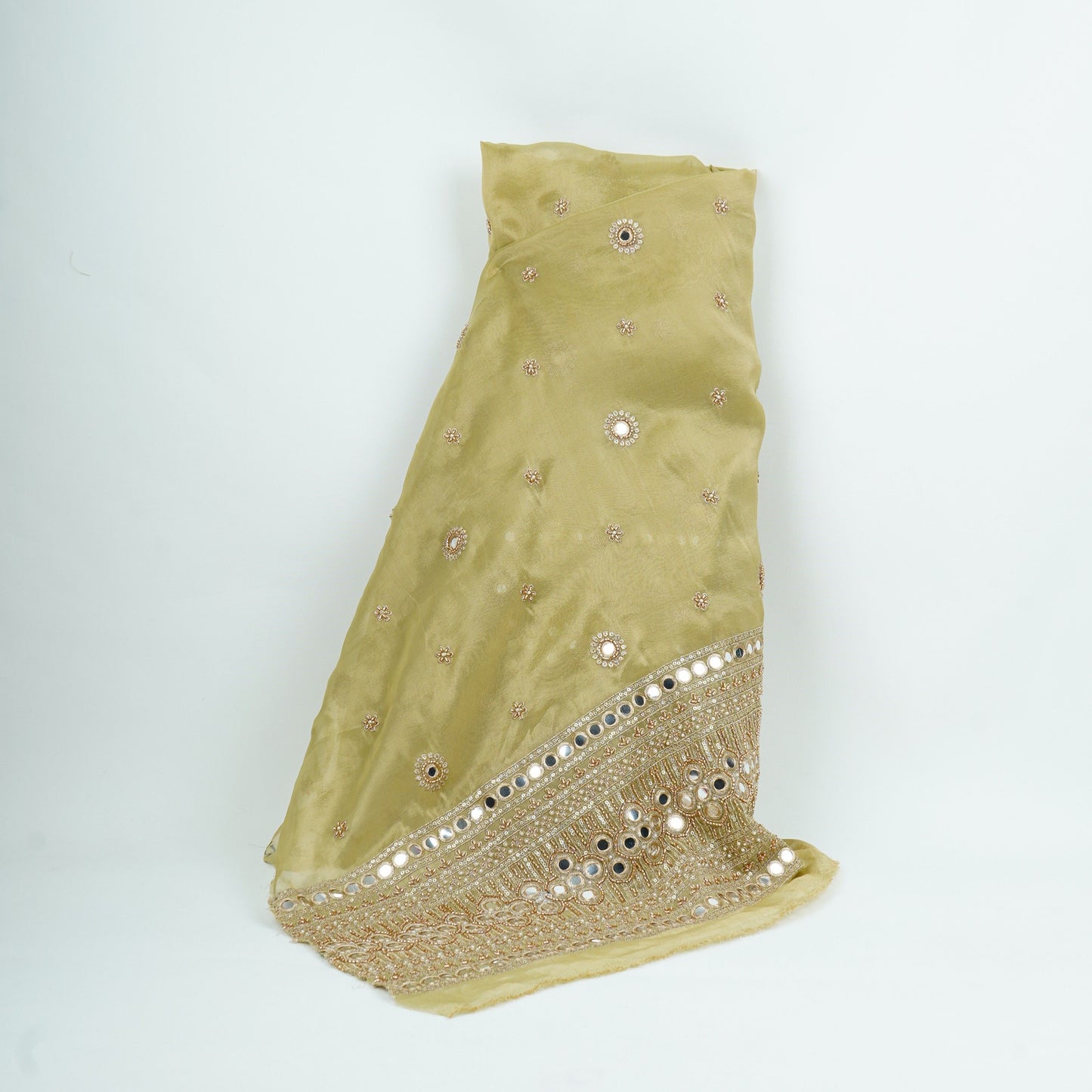Golden Mirror thread cutdana embroidery Dyeable Kanjivaram Silk Fabric TF-31152