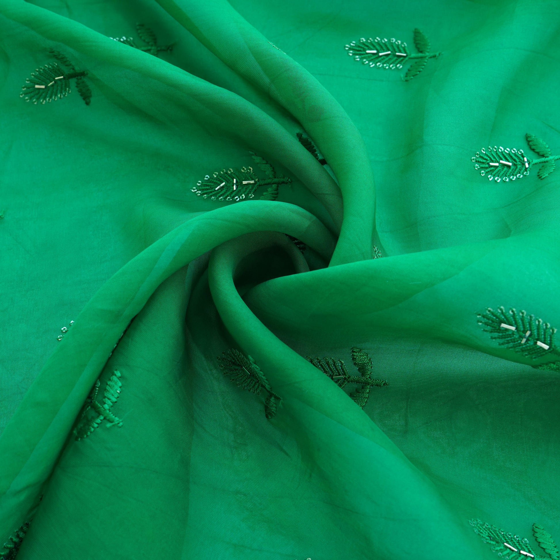 Green Cutdana Thread Embroidery Organza Fabric 20792