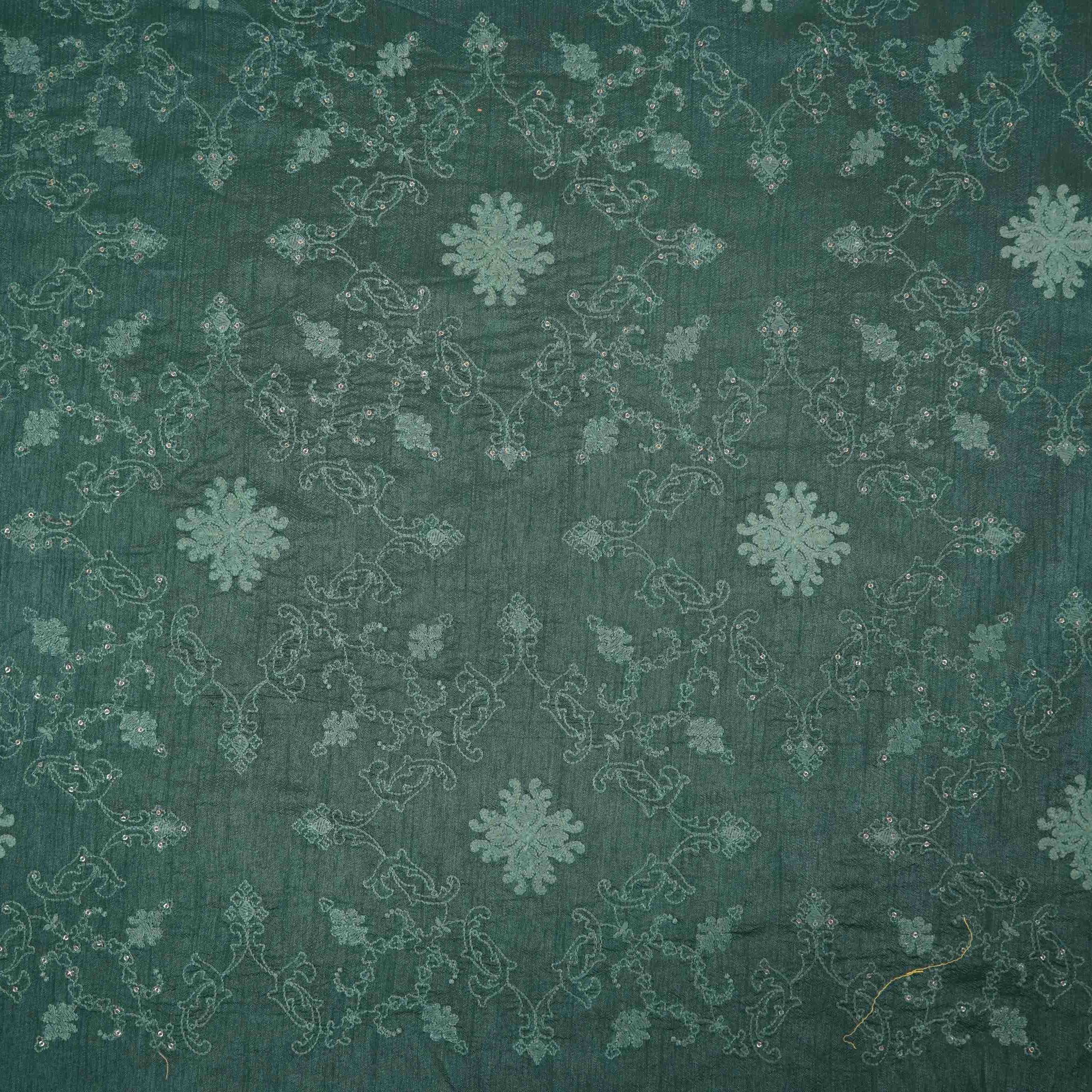 Forest Green floral Jaal embroidery Raw Silk Fabric VFS-31667 - TradeUNO