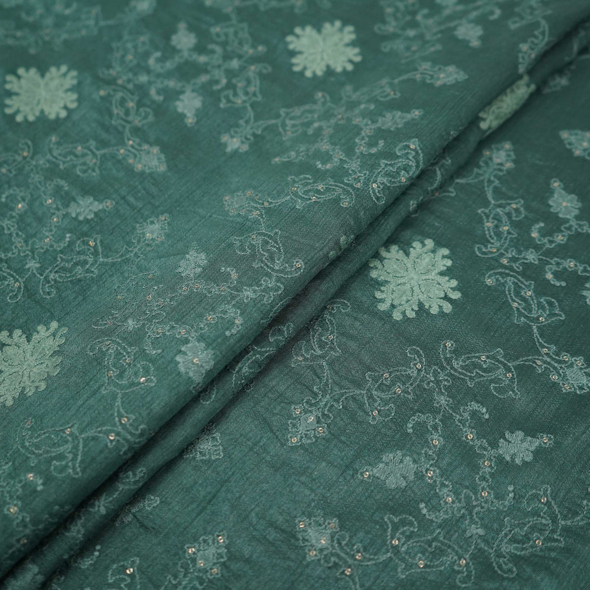 Forest Green floral Jaal embroidery Raw Silk Fabric VFS-31667 - TradeUNO