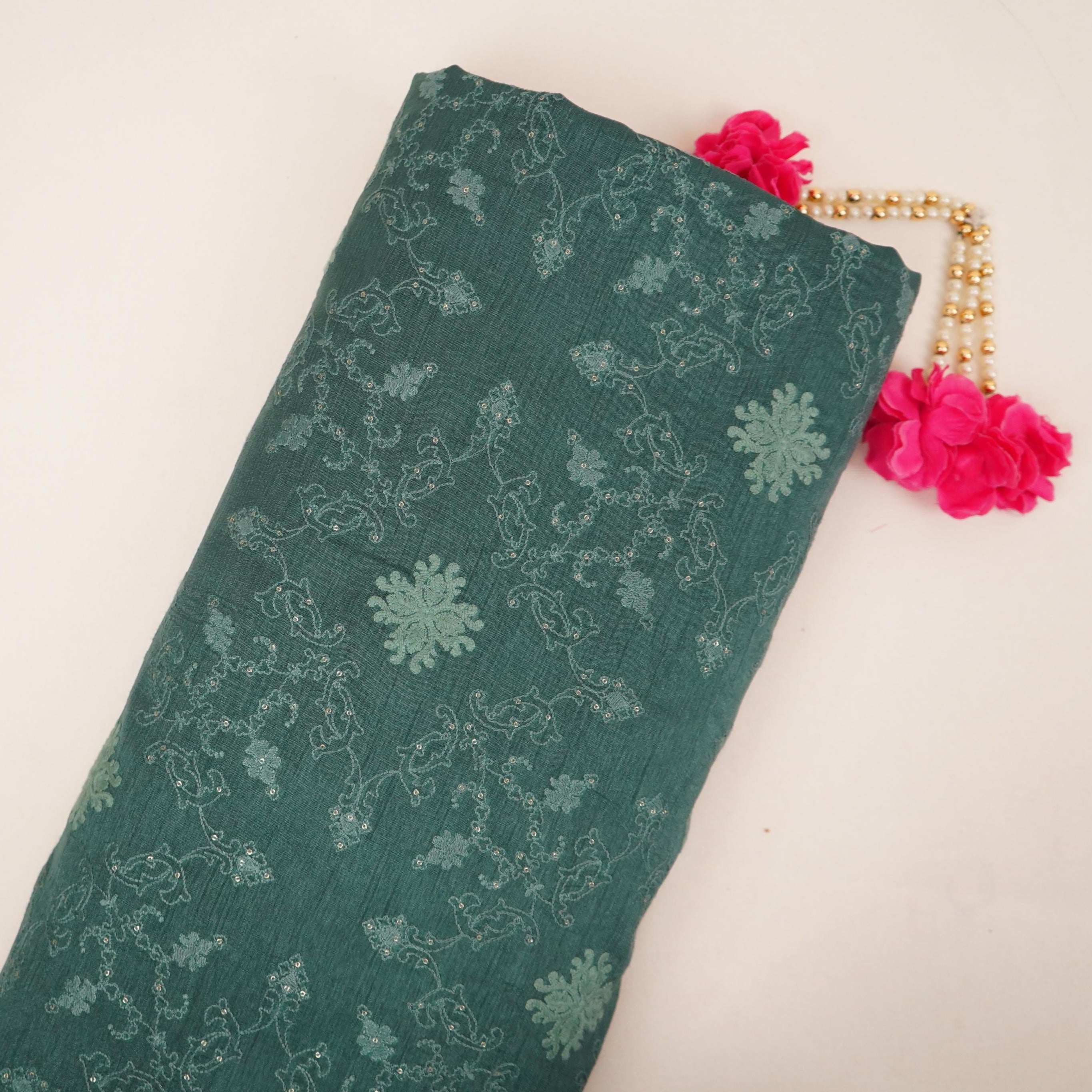 Forest Green floral Jaal embroidery Raw Silk Fabric VFS-31667 - TradeUNO