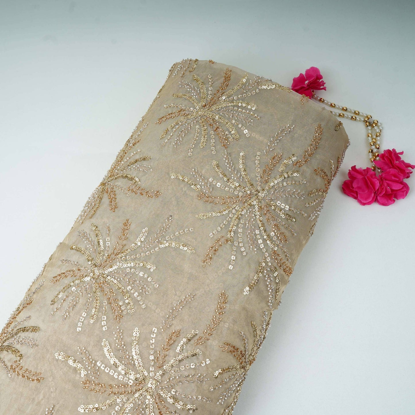 Golden floral cutdana sequins embroidery Dyeable Kanjivaram Silk Fabric TF-31157
