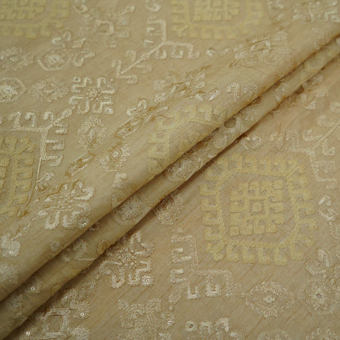 Cream floral embroidery Raw Silk Fabric VFS-31664