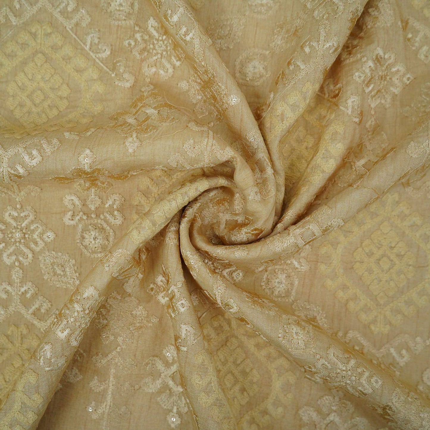 Cream floral embroidery Raw Silk Fabric VFS-31664