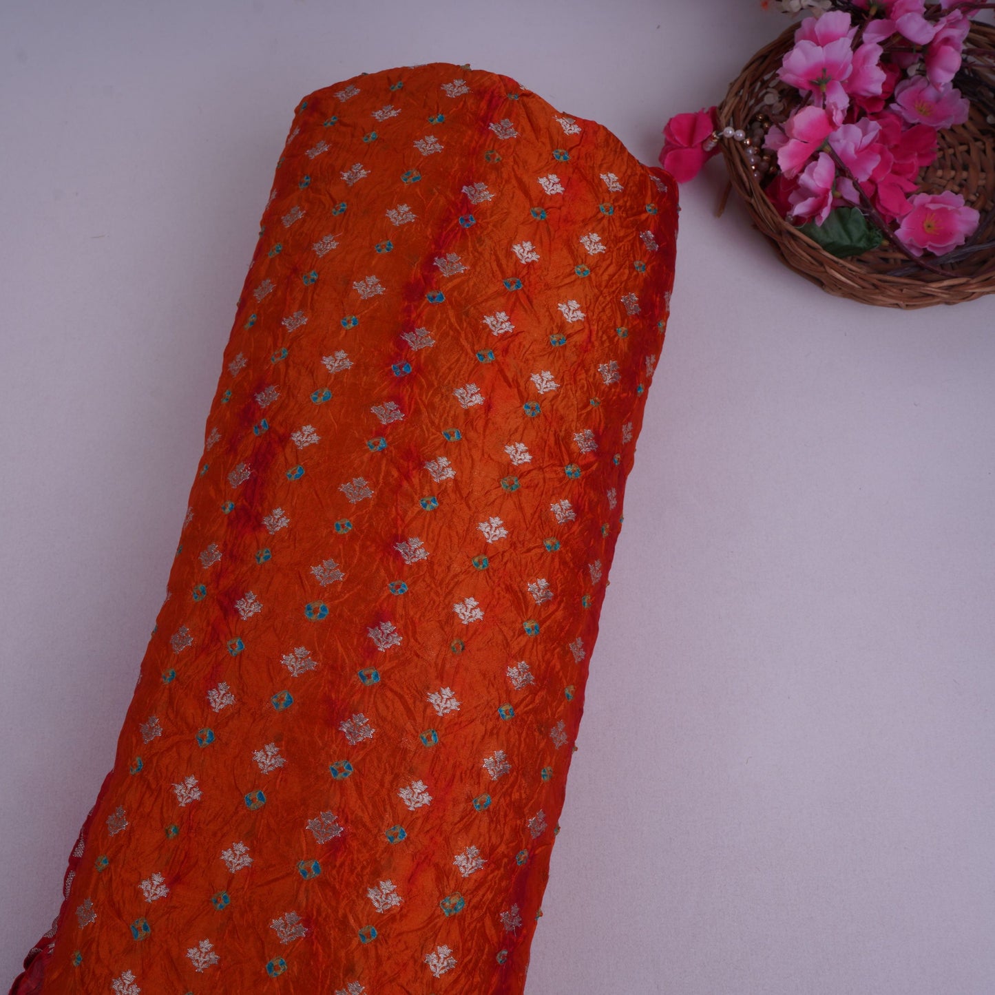 Rust Orange Shibori Bandhani Dupion Silk Fabric YHF-32847