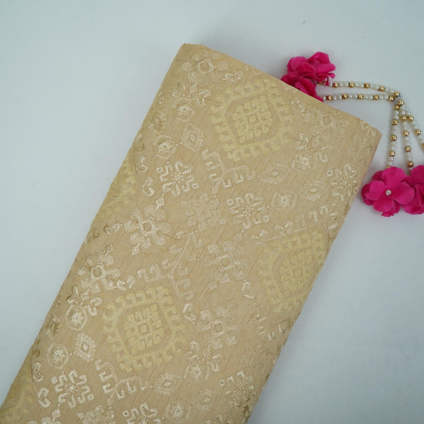 Cream floral embroidery Raw Silk Fabric VFS-31664
