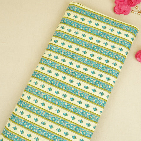 Lemon Yellow Floral Stripes Ajrakh Print Cotton Fabric PB-29716