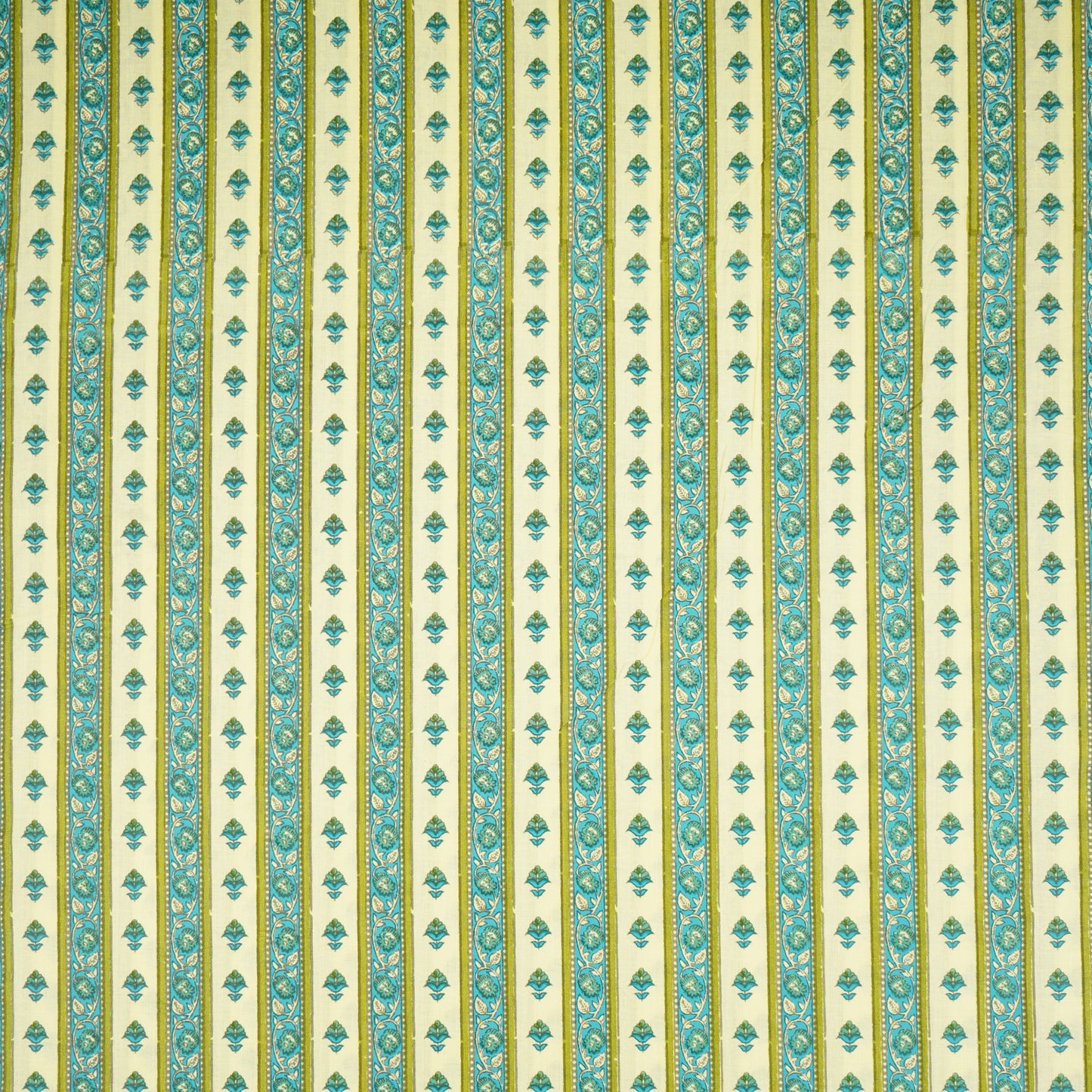 Lemon Yellow Floral Stripes Ajrakh Print Cotton Fabric PB-29716