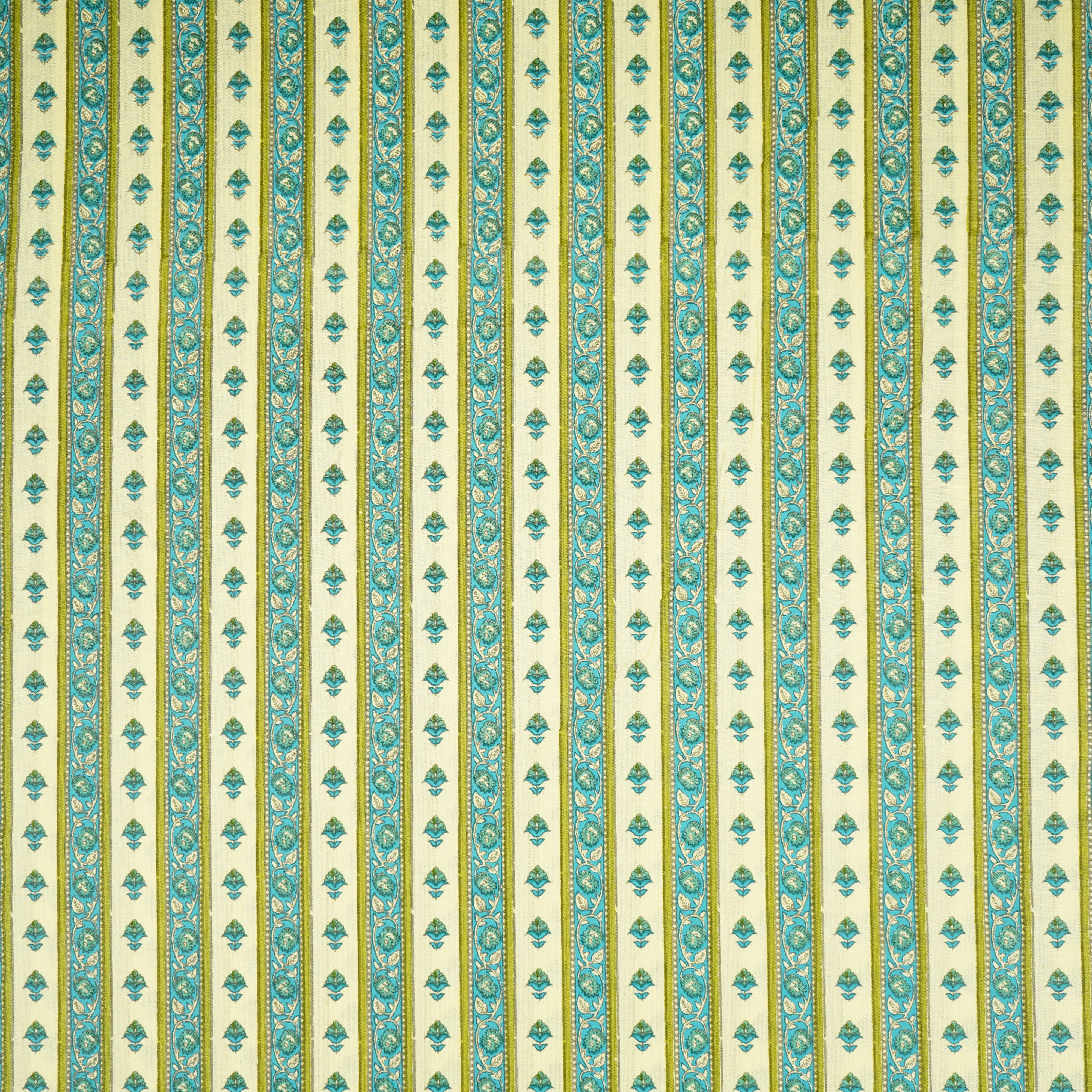 Lemon Yellow Floral Stripes Ajrakh Print Cotton Fabric PB-29716 - TradeUNO
