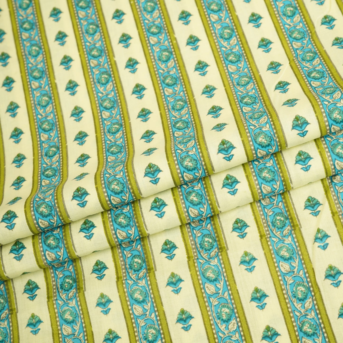 Lemon Yellow Floral Stripes Ajrakh Print Cotton Fabric PB-29716