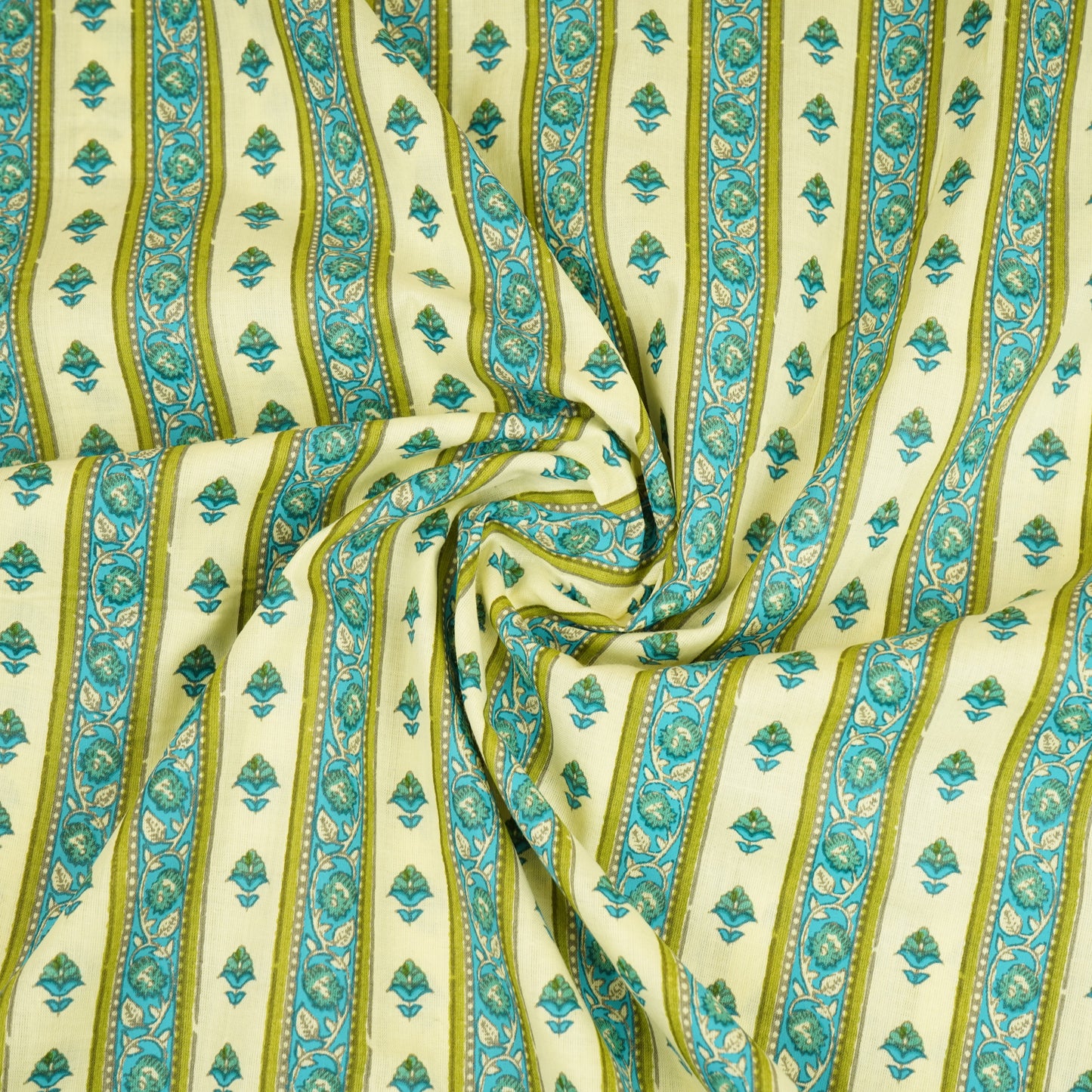 Lemon Yellow Floral Stripes Ajrakh Print Cotton Fabric PB-29716