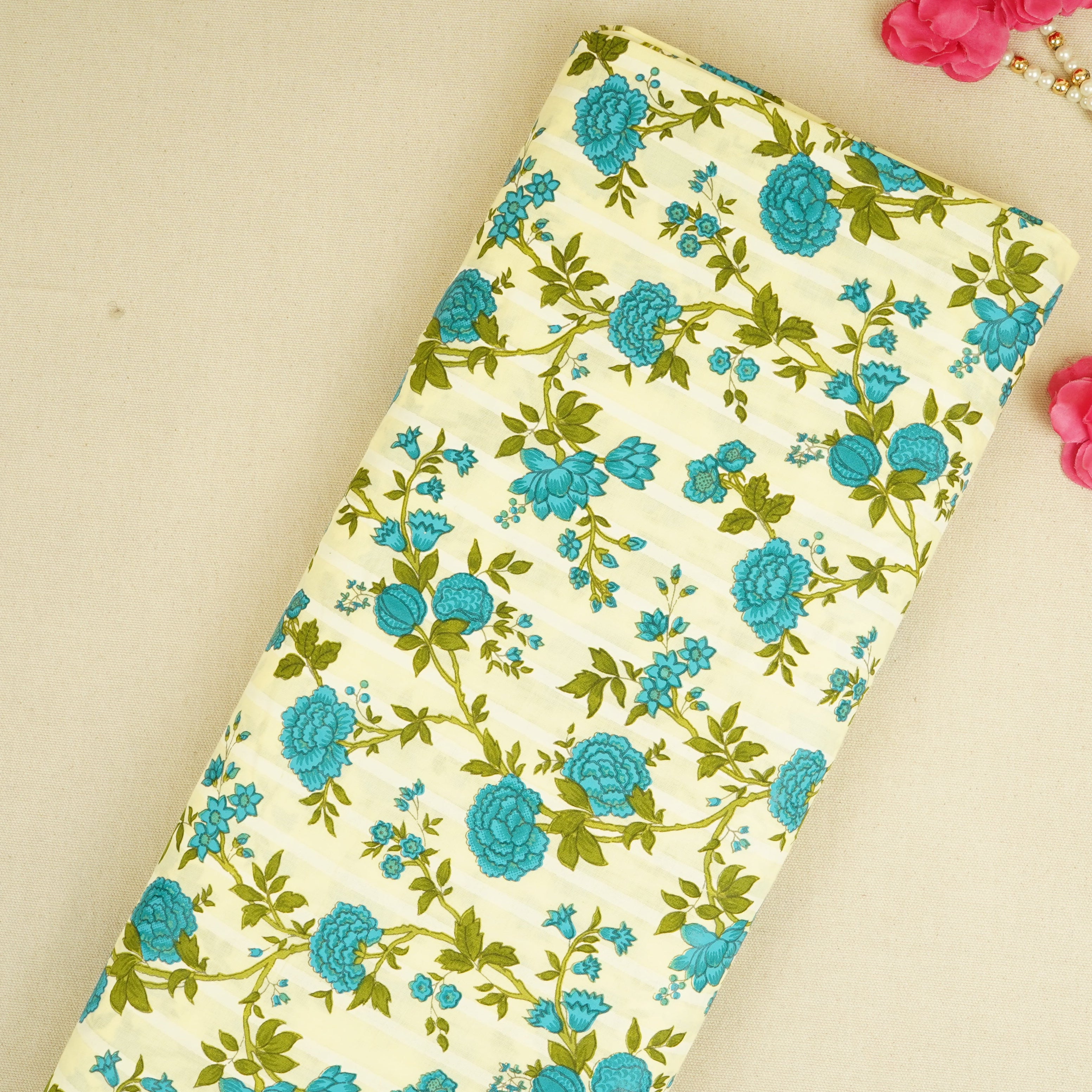 Lemon Yellow & Blue Floral Print Cotton Fabric PB-29715 - TradeUNO