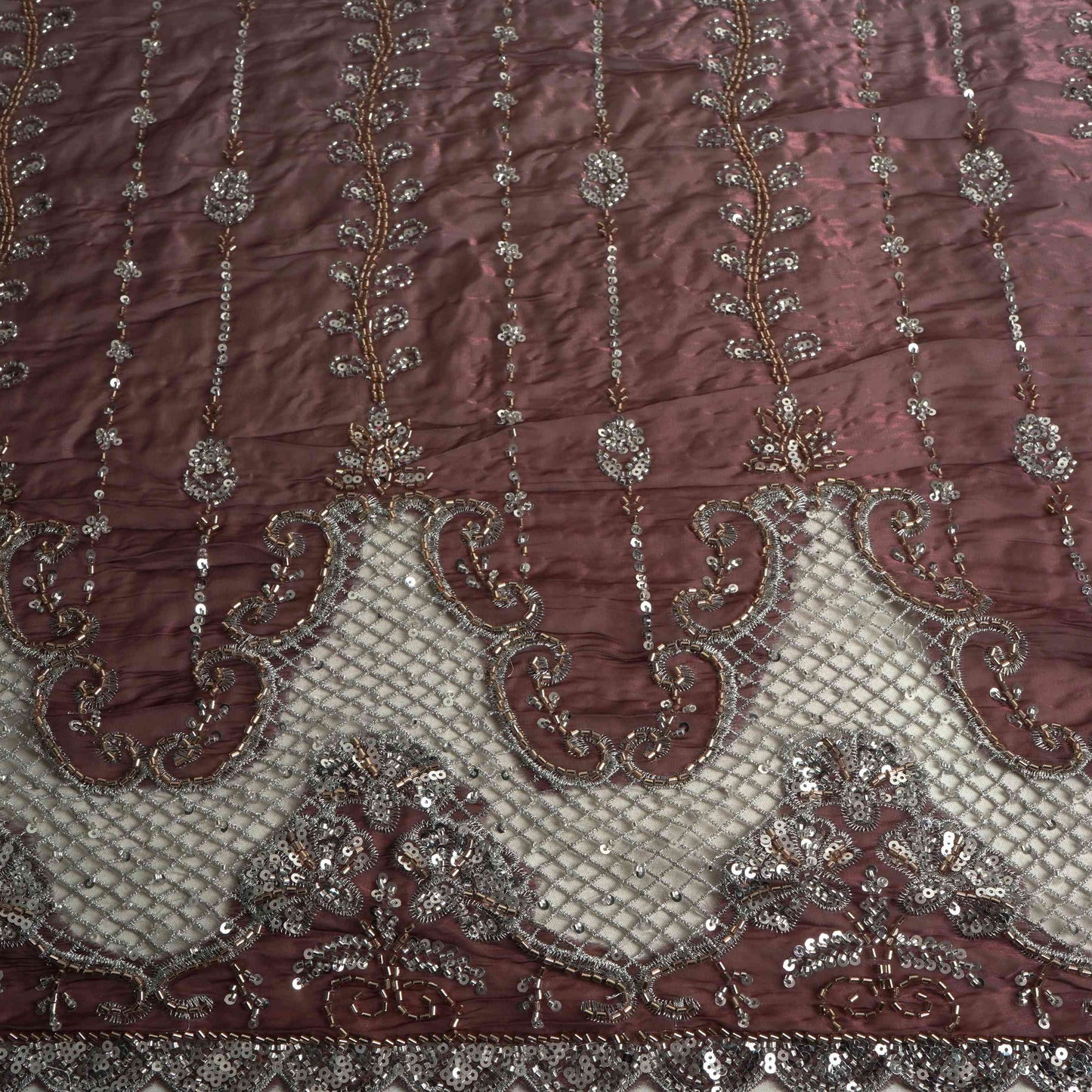 Brown Ombre Cutdana Cutwork Organza Fabric LF-32992