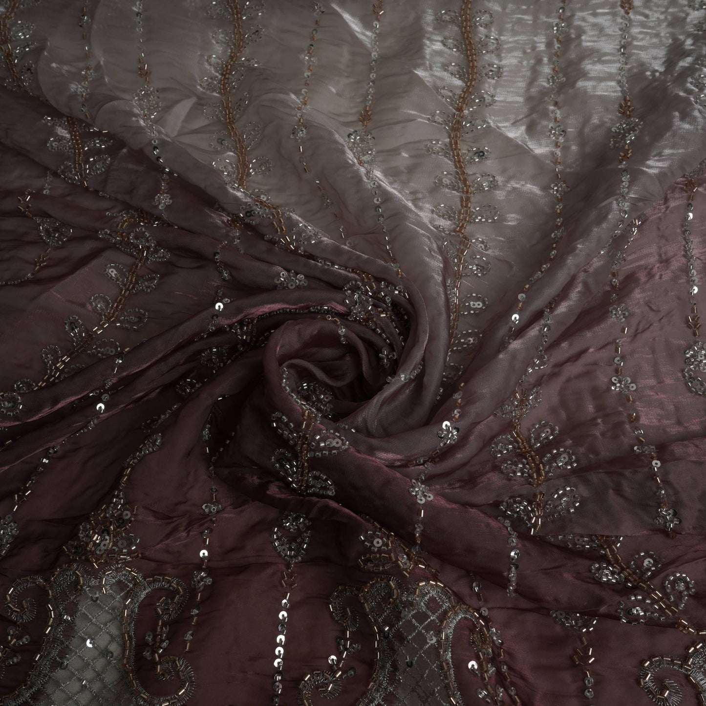 Brown Ombre Cutdana Cutwork Organza Fabric LF-32992