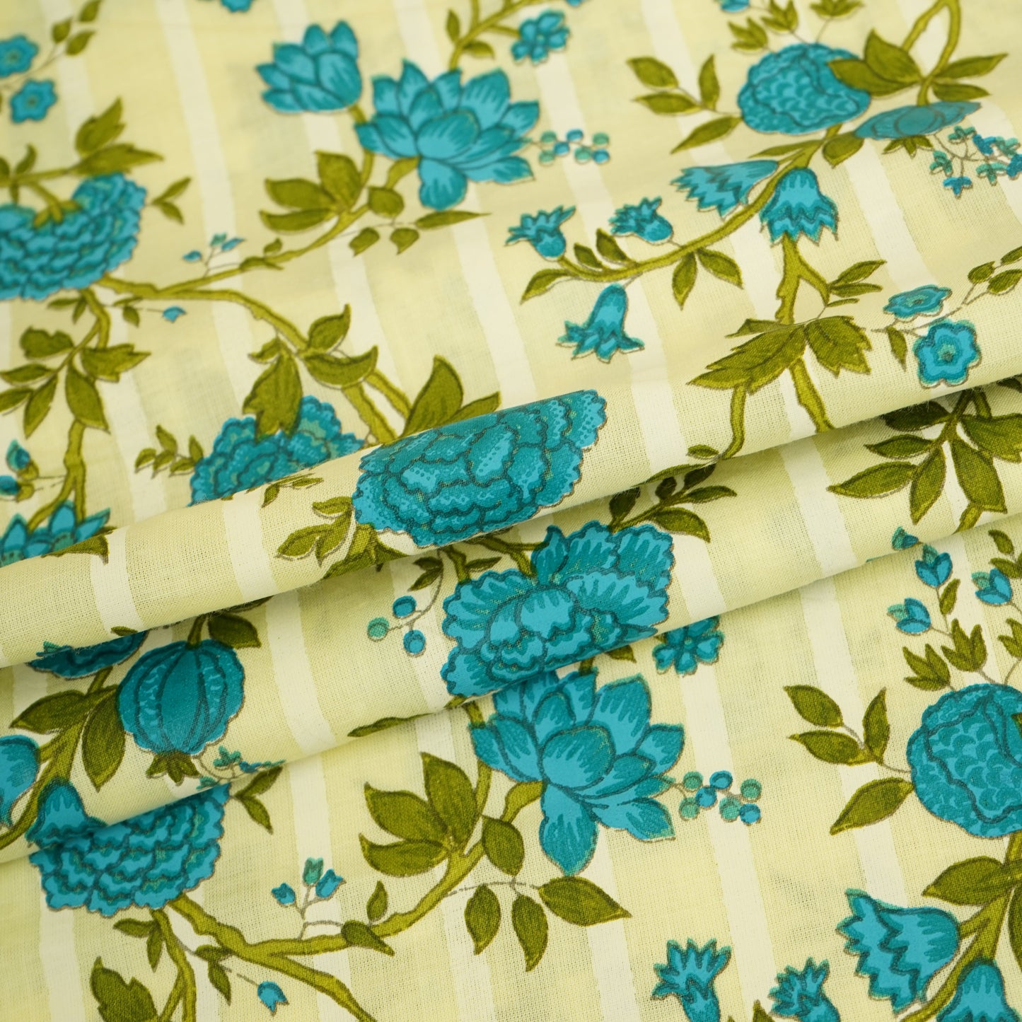 Lemon Yellow & Blue Floral Print Cotton Fabric PB-29715