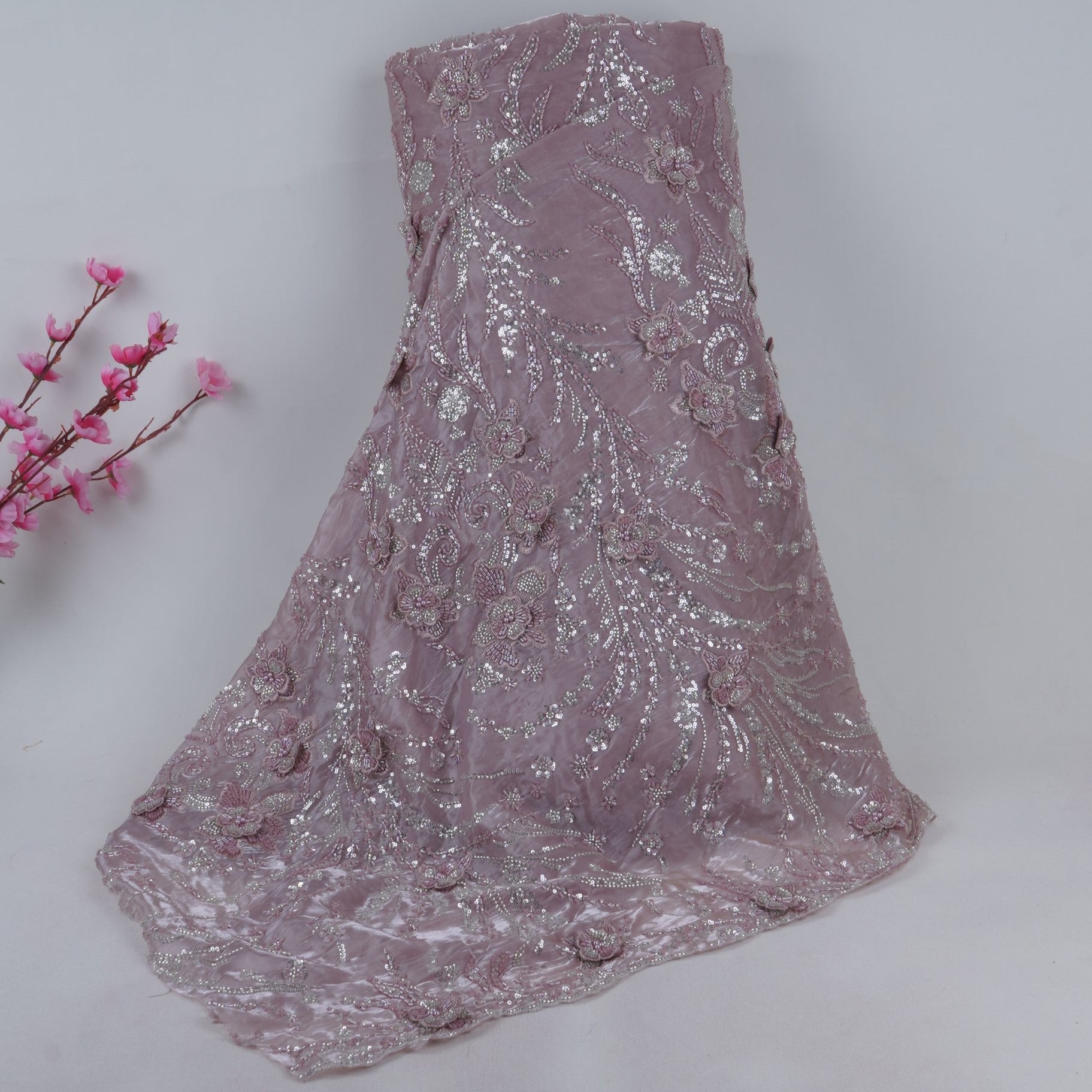 Lavender 3D Floral Cutdana Border Organza Fabric LF-33006