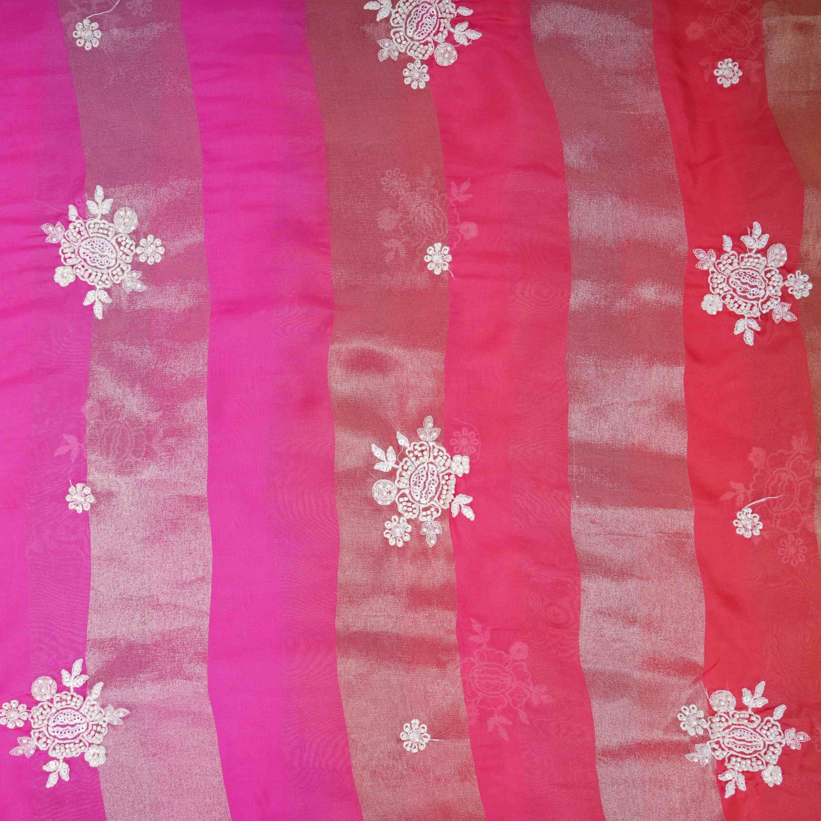 Red Stripes thread cutdana embroidery Isha Silk Fabric VFS-31683 - TradeUNO