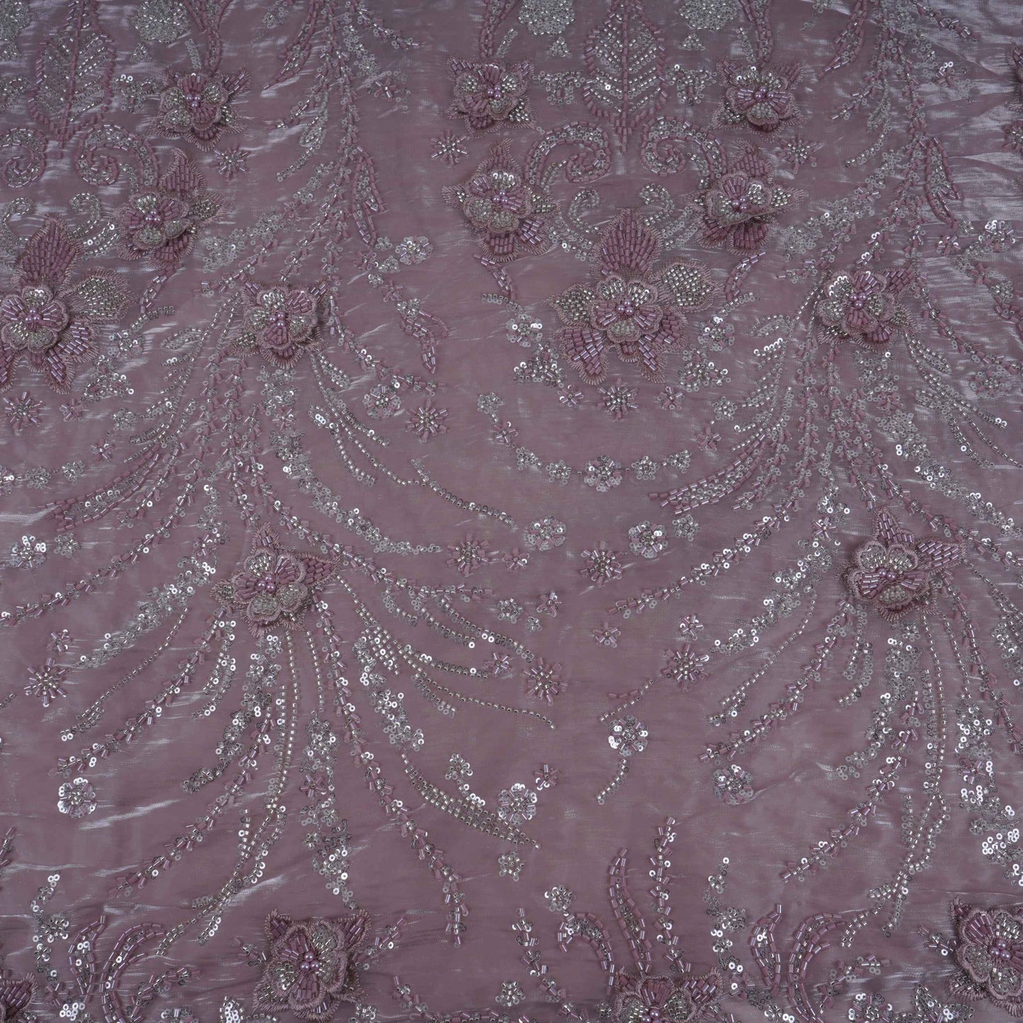 Lavender 3D Floral Cutdana Border Organza Fabric LF-33006