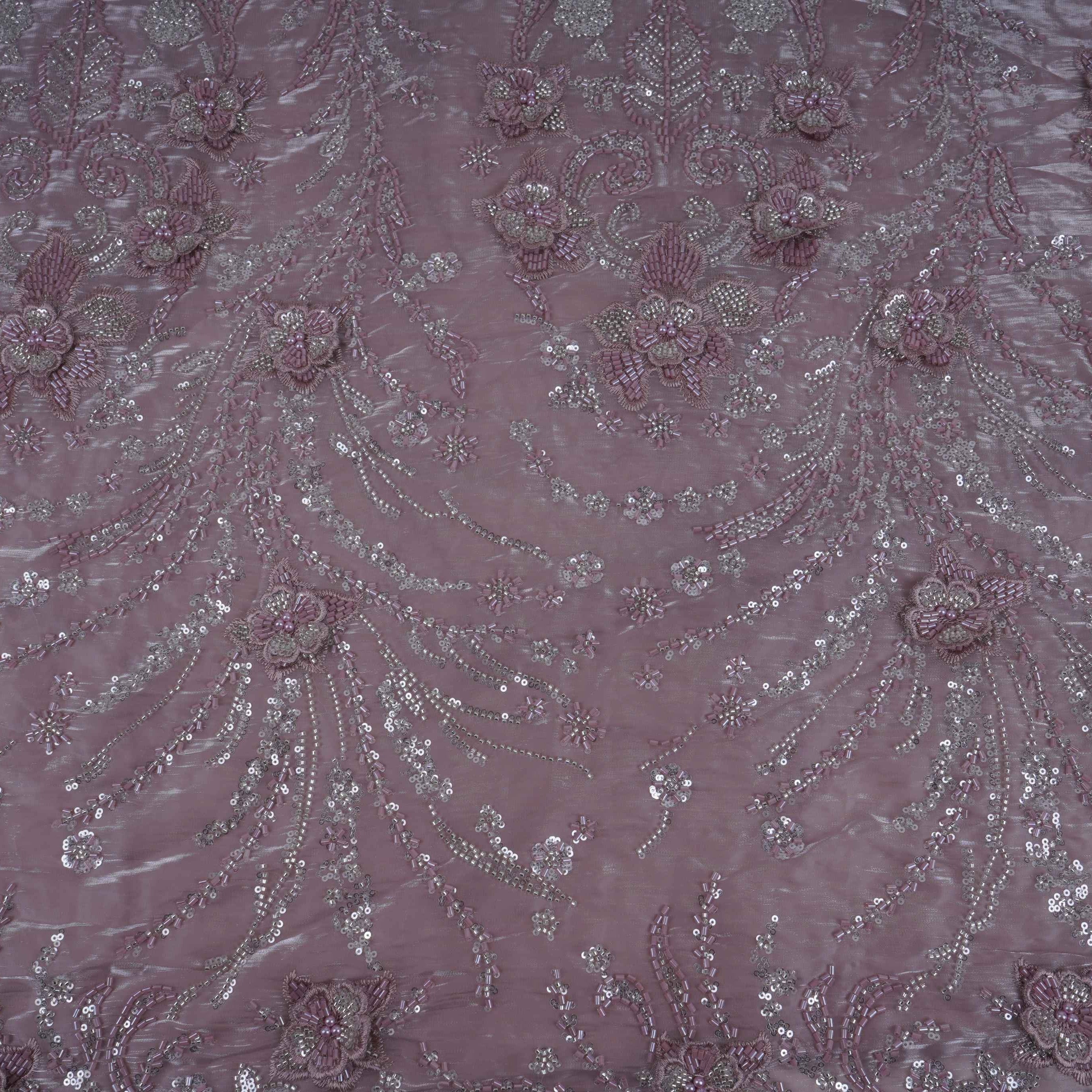 Lavender 3D Floral Cutdana Border Organza Fabric LF-33006