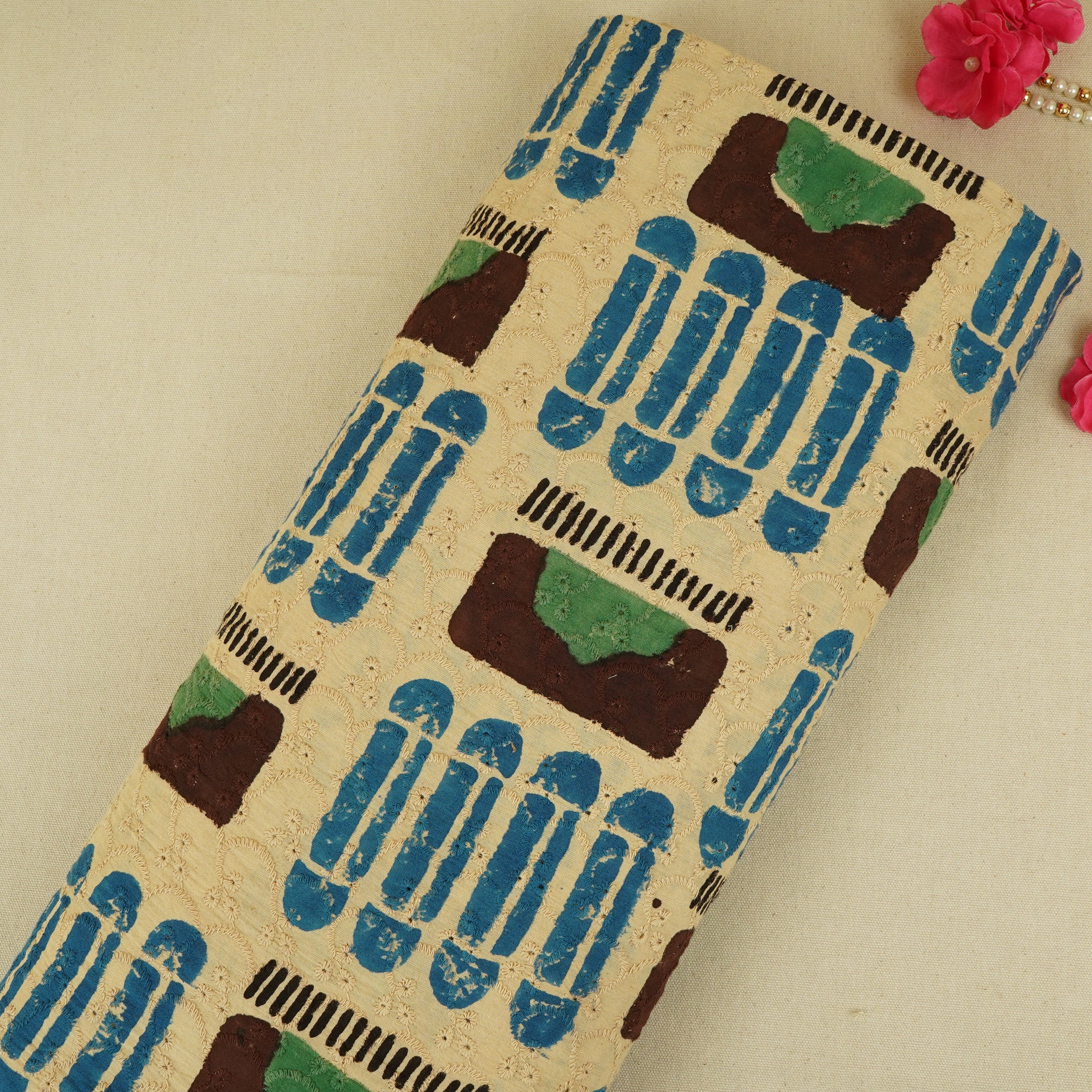 Cream with Multicolor Abstract Print Cotton Schiffli Fabric CH-29757 - TradeUNO