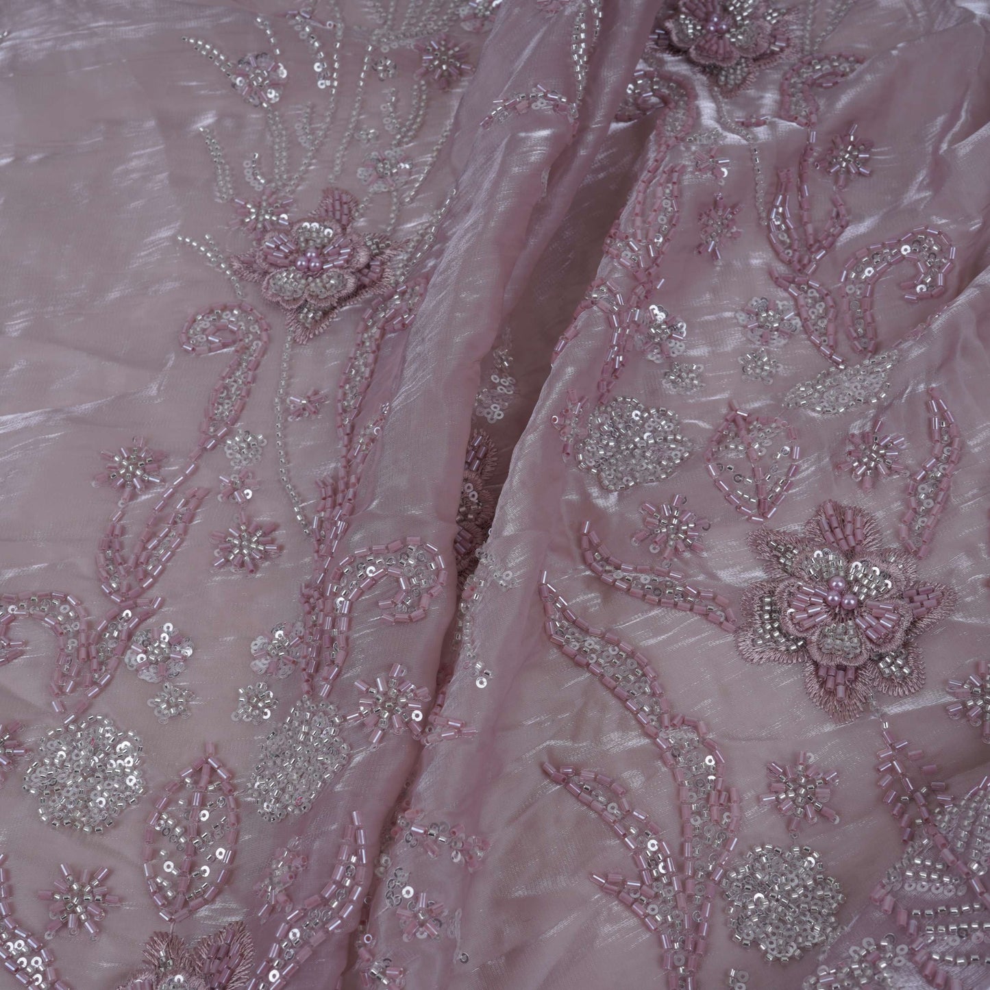 Lavender 3D Floral Cutdana Border Organza Fabric LF-33006