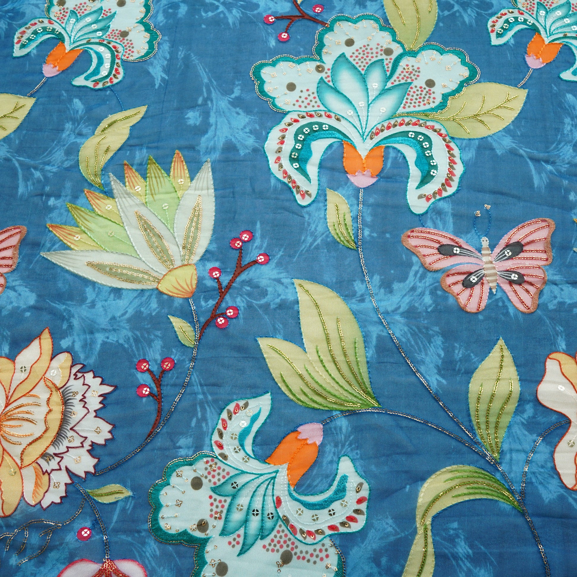 Blue Floral Embroidery Organza Fabric