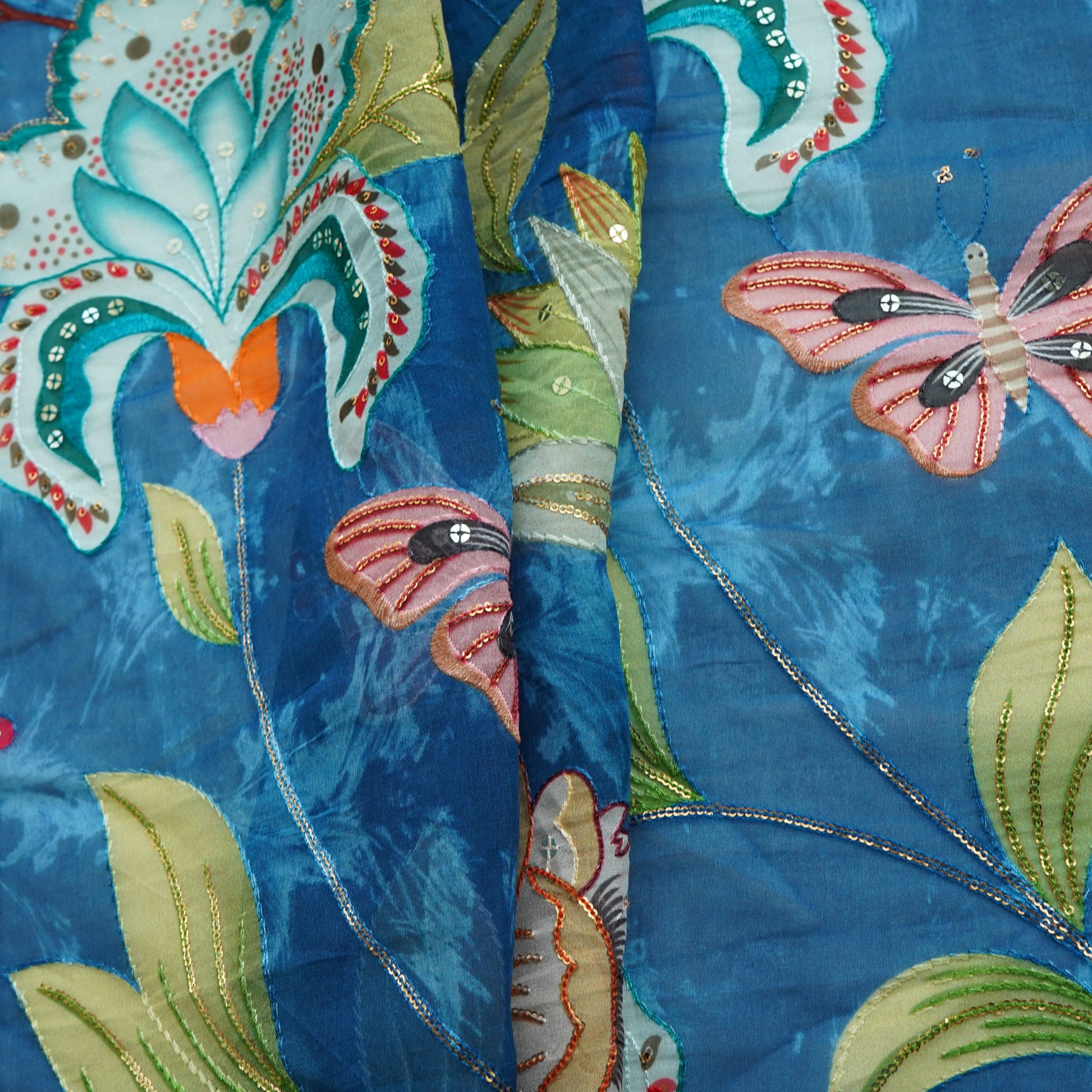 Blue Floral Embroidery Organza Fabric