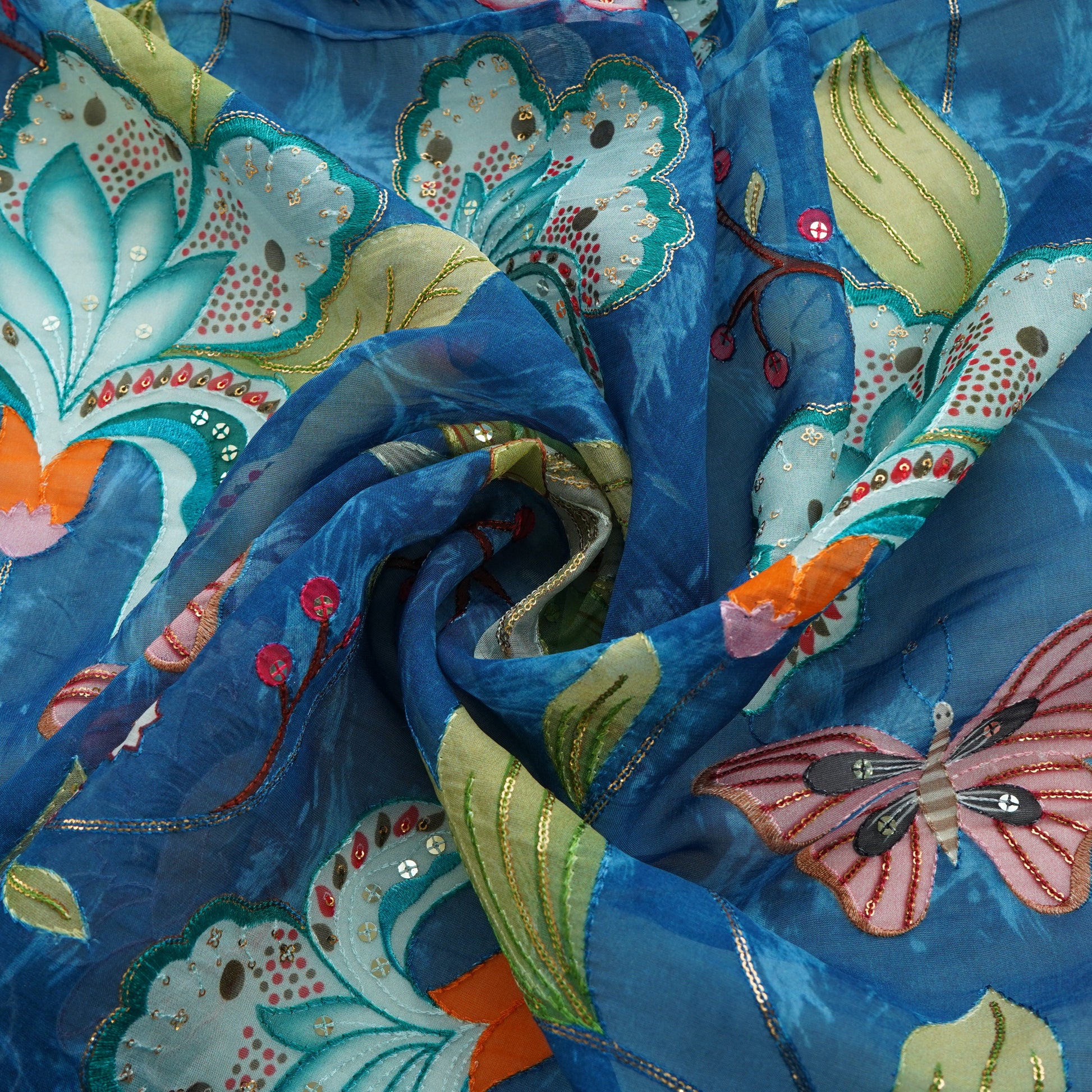 Blue Floral Embroidery Organza Fabric