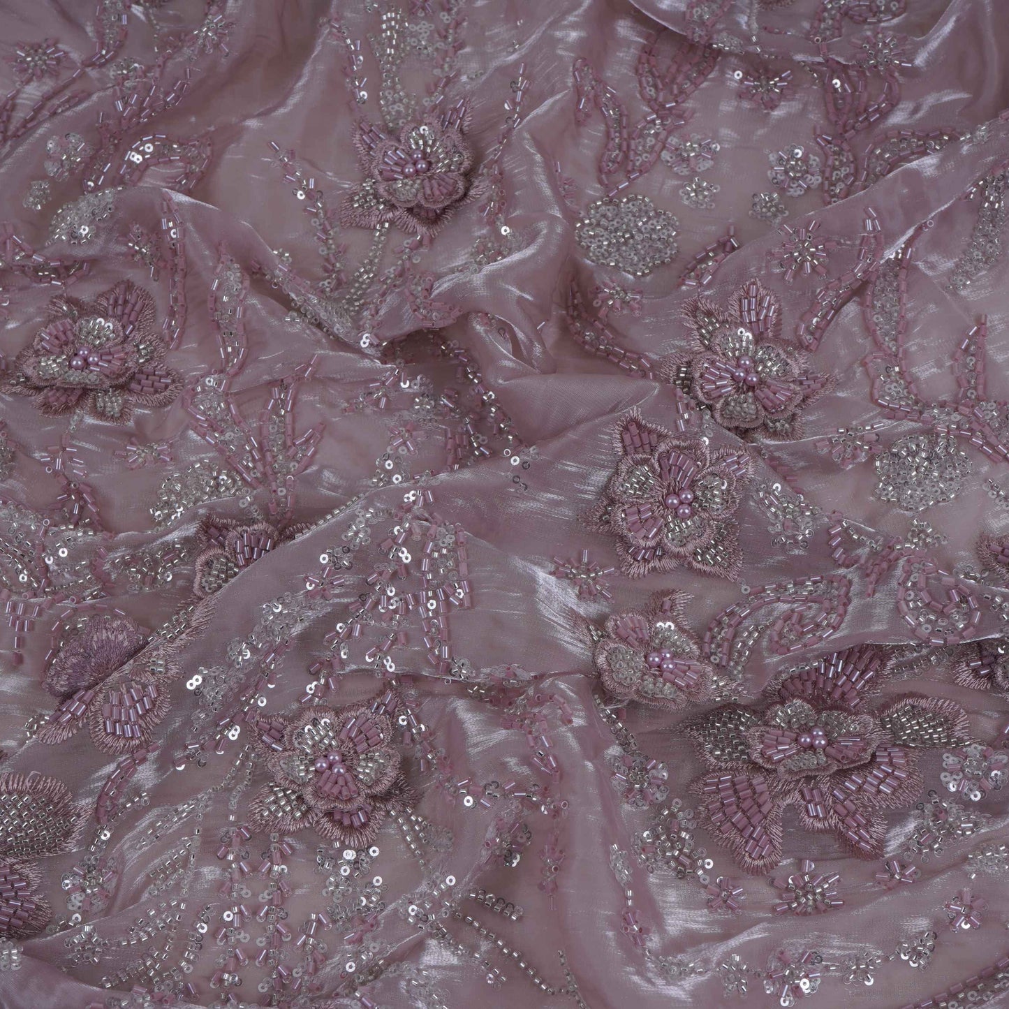 Lavender 3D Floral Cutdana Border Organza Fabric LF-33006