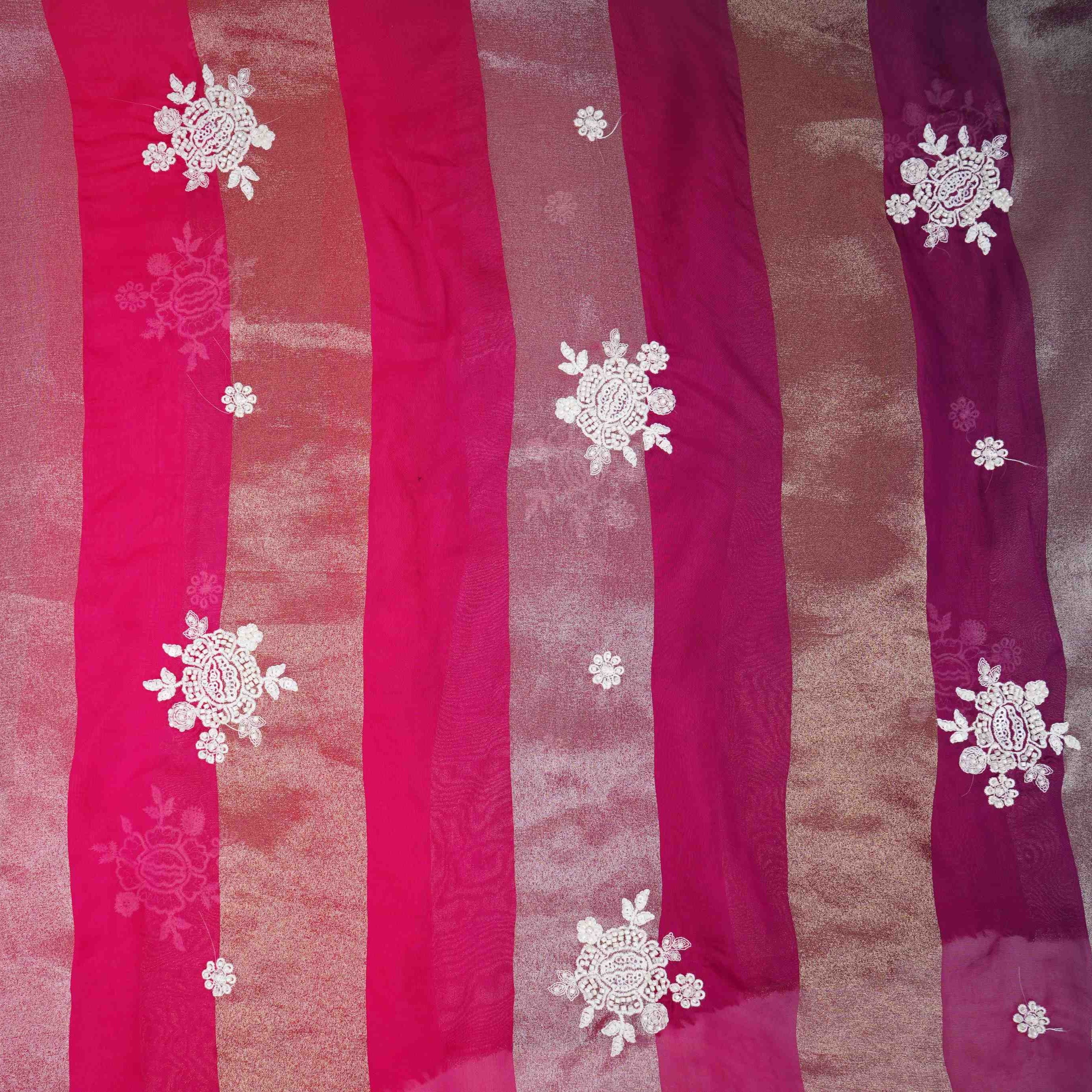 Magenta Pink Stripes thread cutdana embroidery Isha Silk Fabric VFS-31682 - TradeUNO