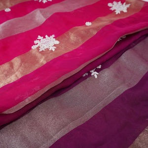 Magenta Pink Stripes thread cutdana embroidery Isha Silk Fabric VFS-31682 - TradeUNO