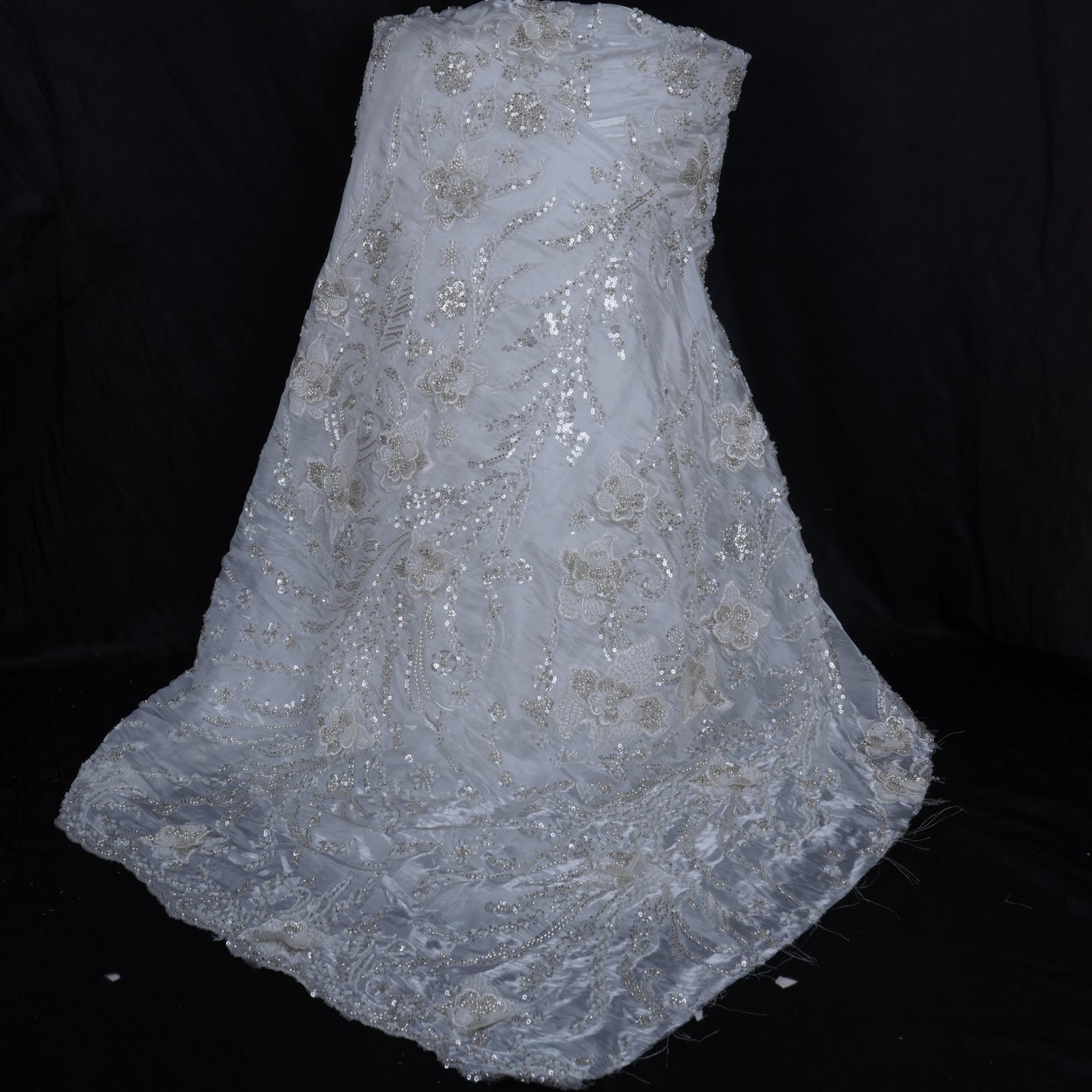 White 3D Floral Cutdana Border Organza Fabric LF-33010