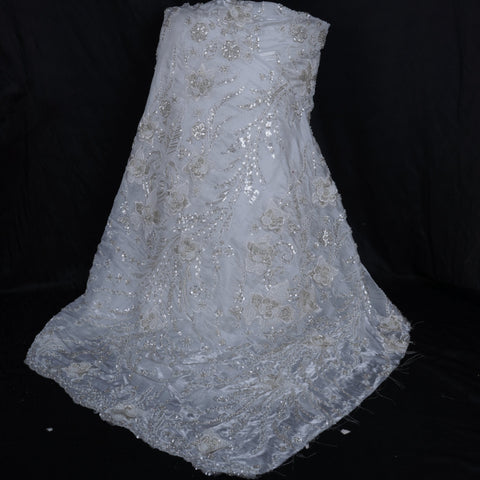 White 3D Floral Cutdana Border Organza Fabric LF-33010