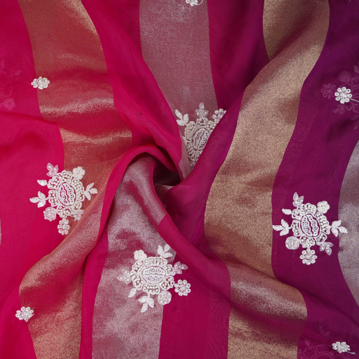 Magenta Pink Stripes thread cutdana embroidery Isha Silk Fabric VFS-31682 - TradeUNO