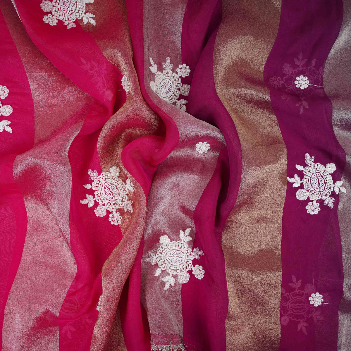 Magenta Pink Stripes thread cutdana embroidery Isha Silk Fabric VFS-31682 - TradeUNO