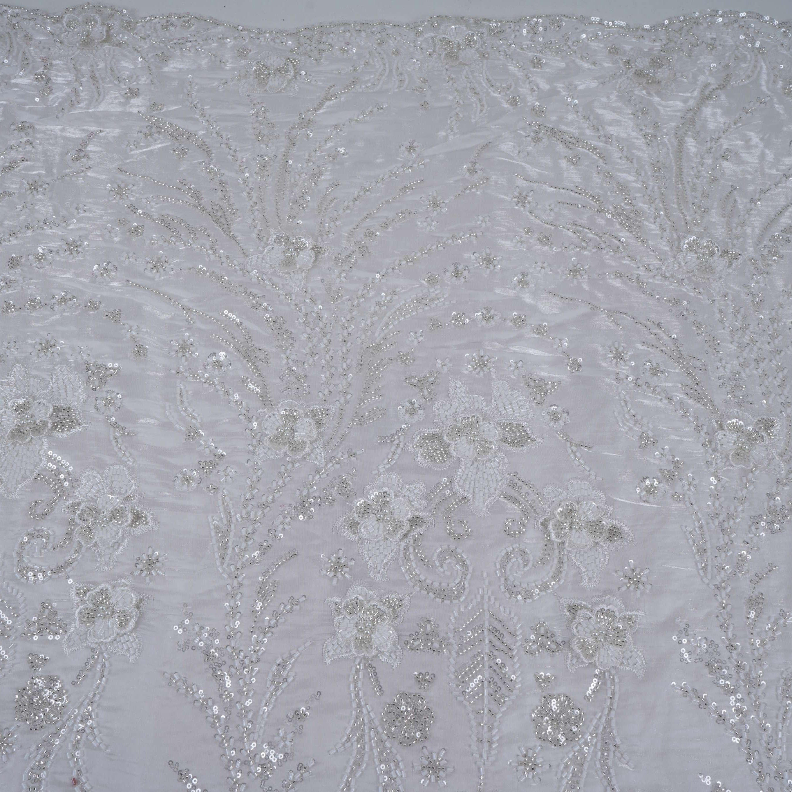 White 3D Floral Cutdana Border Organza Fabric LF-33010
