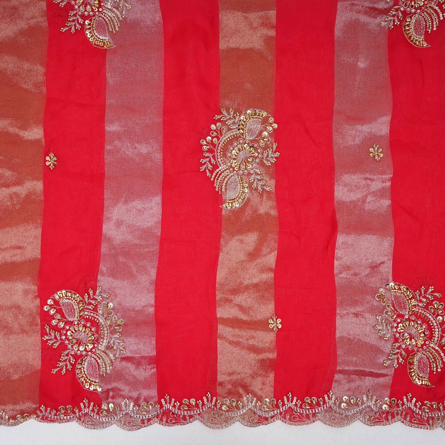 Red Stripes cutdana embroidery Tissue Fabric VFS-31697