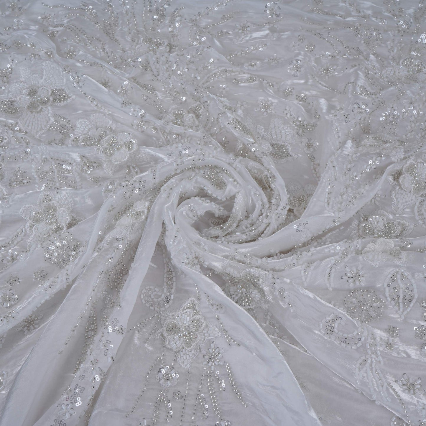 White 3D Floral Cutdana Border Organza Fabric LF-33010
